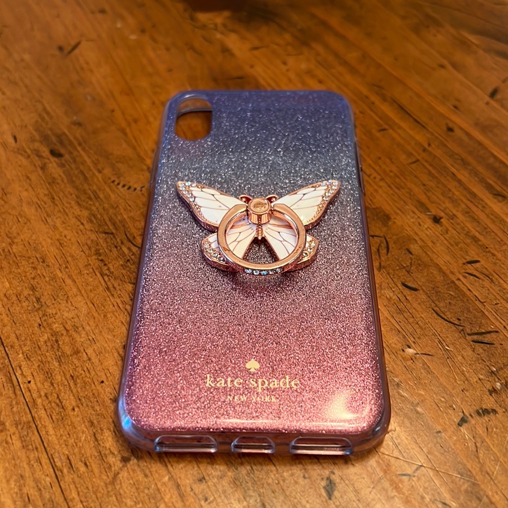 Kate Spade Ombre Sunset Glitter Cell Phone Case w/ 360 Rose Gold Butterfly Ring